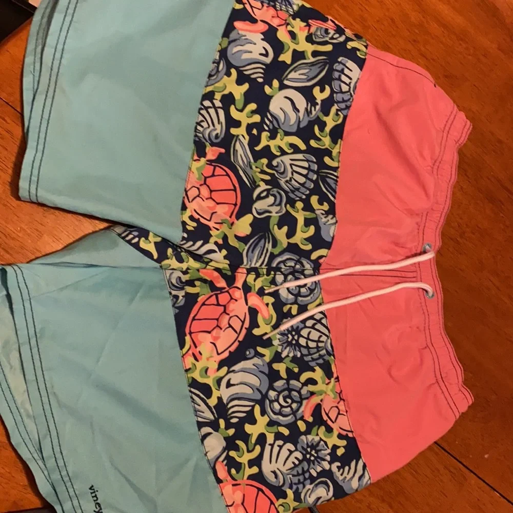 Vineyard Vines Men’s Colorblock Swim Trunks in Teal, Coral, Navy